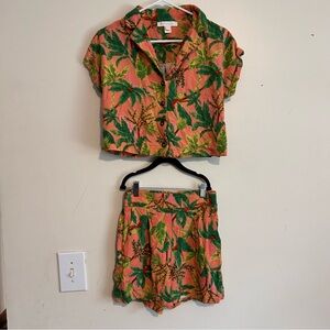 Tropical Leaf Print Women's Linen Blend 2 Piece Set